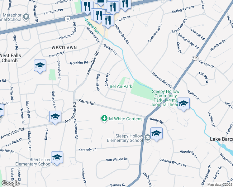 map of restaurants, bars, coffee shops, grocery stores, and more near 3209 Cofer Road in Falls Church