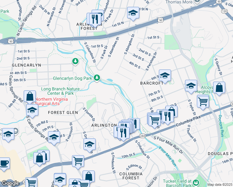 map of restaurants, bars, coffee shops, grocery stores, and more near 702 South Arlington Mill Drive in Arlington