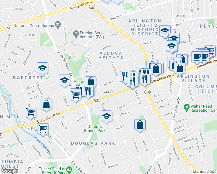 map of restaurants, bars, coffee shops, grocery stores, and more near 3918 9th Road South in Arlington