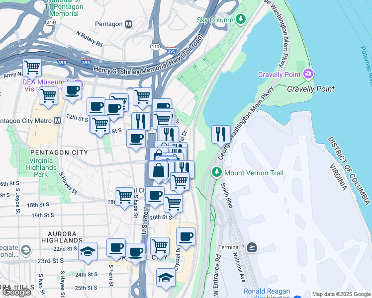 map of restaurants, bars, coffee shops, grocery stores, and more near 1501 Crystal Drive in Arlington