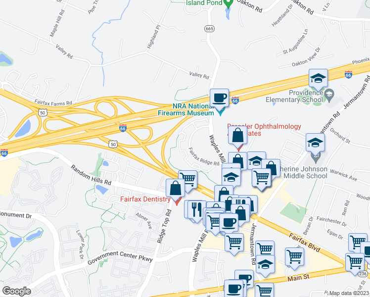 map of restaurants, bars, coffee shops, grocery stores, and more near 11345 Aristotle Drive in Fairfax