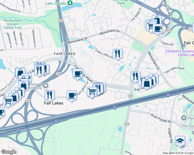 map of restaurants, bars, coffee shops, grocery stores, and more near 4401 Fair Lakes Court in Fairfax