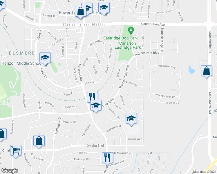 map of restaurants, bars, coffee shops, grocery stores, and more near 1966 Mineola Court in Colorado Springs