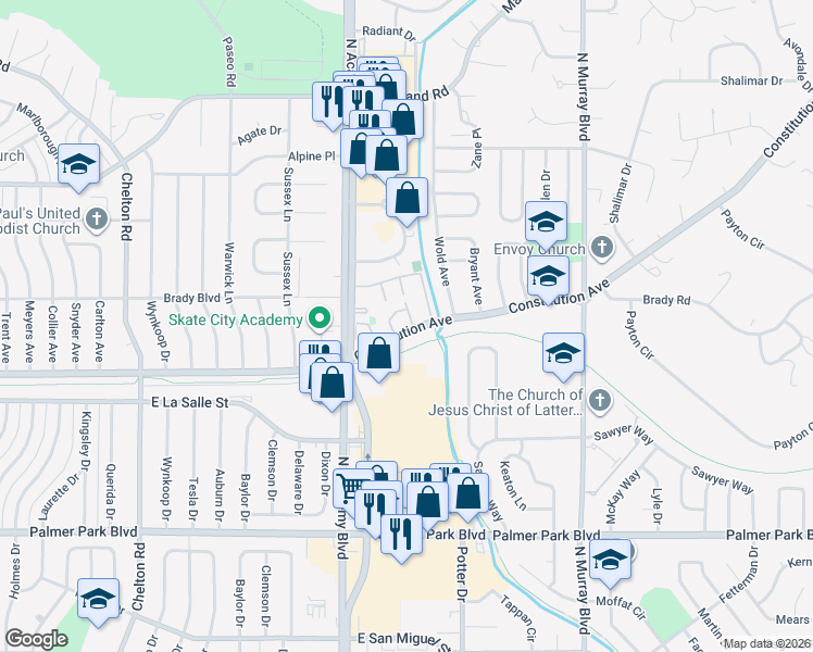 map of restaurants, bars, coffee shops, grocery stores, and more near 3838 Constitution Avenue in Colorado Springs