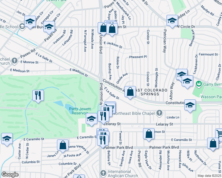 map of restaurants, bars, coffee shops, grocery stores, and more near 1806 East La Salle Street in Colorado Springs