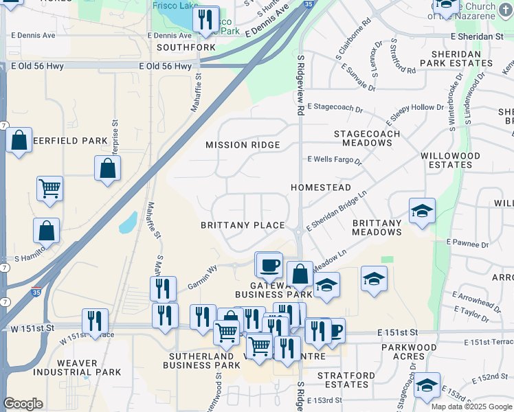 map of restaurants, bars, coffee shops, grocery stores, and more near 1361 South Hunter Drive in Olathe