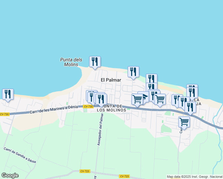 map of restaurants, bars, coffee shops, grocery stores, and more near 4A carrer Mar Egue in Dénia