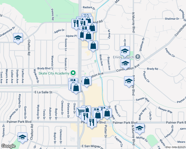 map of restaurants, bars, coffee shops, grocery stores, and more near 3838 Constitution Avenue in Colorado Springs