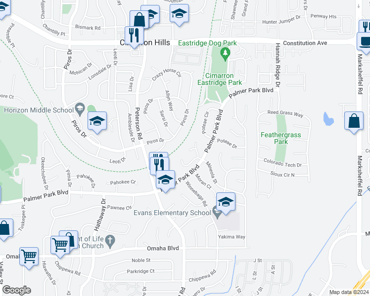 map of restaurants, bars, coffee shops, grocery stores, and more near 1978 Mineola Place in Colorado Springs