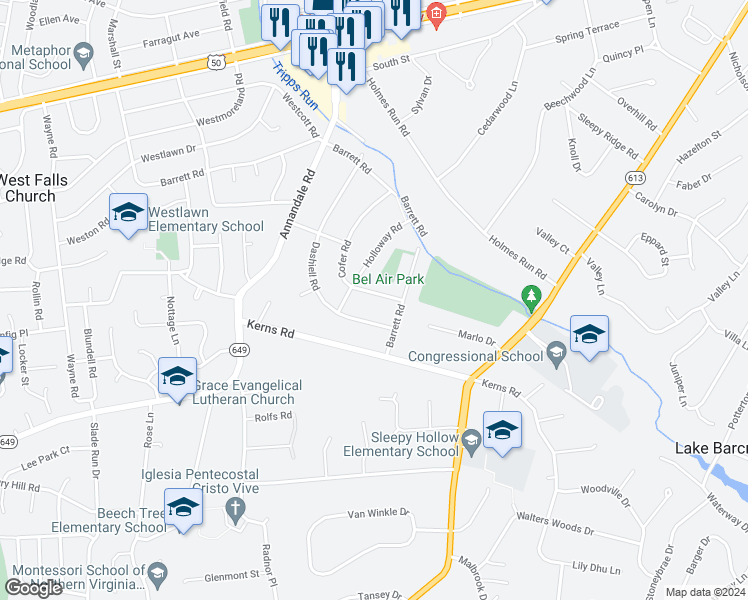 map of restaurants, bars, coffee shops, grocery stores, and more near 3209 Cofer Road in Falls Church