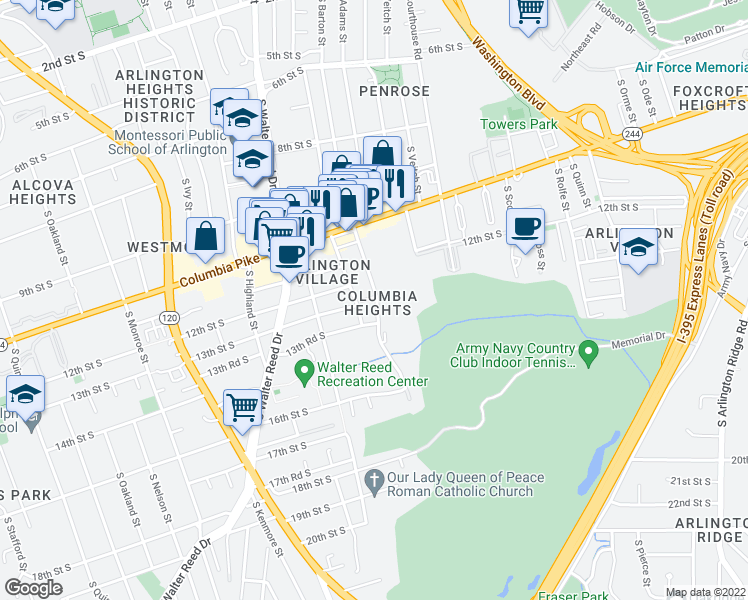 map of restaurants, bars, coffee shops, grocery stores, and more near 1300 South Barton Street in Arlington