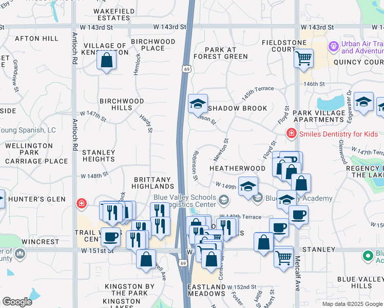 map of restaurants, bars, coffee shops, grocery stores, and more near 14812 Robinson Street in Overland Park