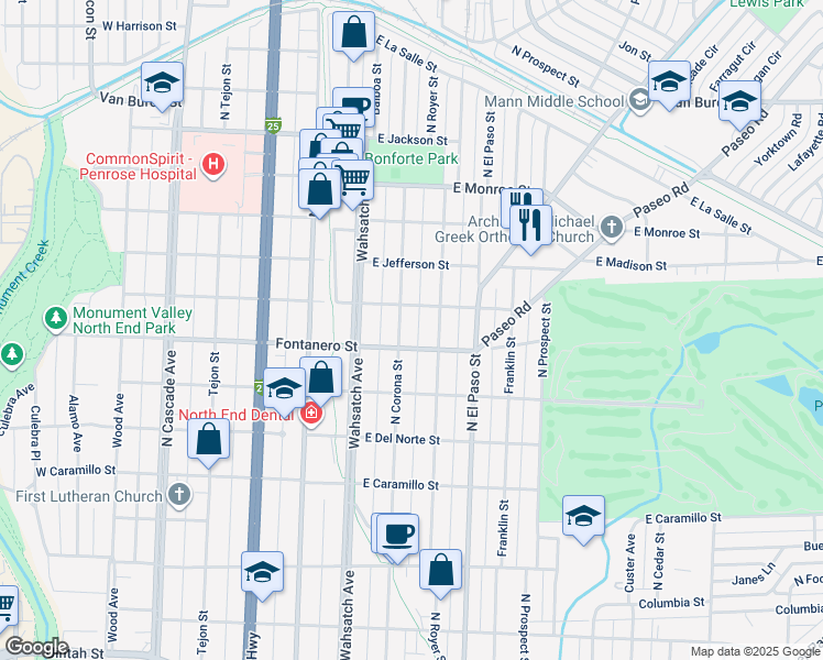 map of restaurants, bars, coffee shops, grocery stores, and more near 516 East Fontanero Street in Colorado Springs