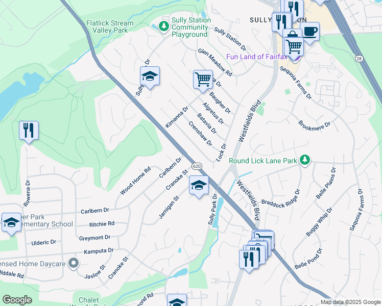 map of restaurants, bars, coffee shops, grocery stores, and more near 14706 Braddock Road in Centreville