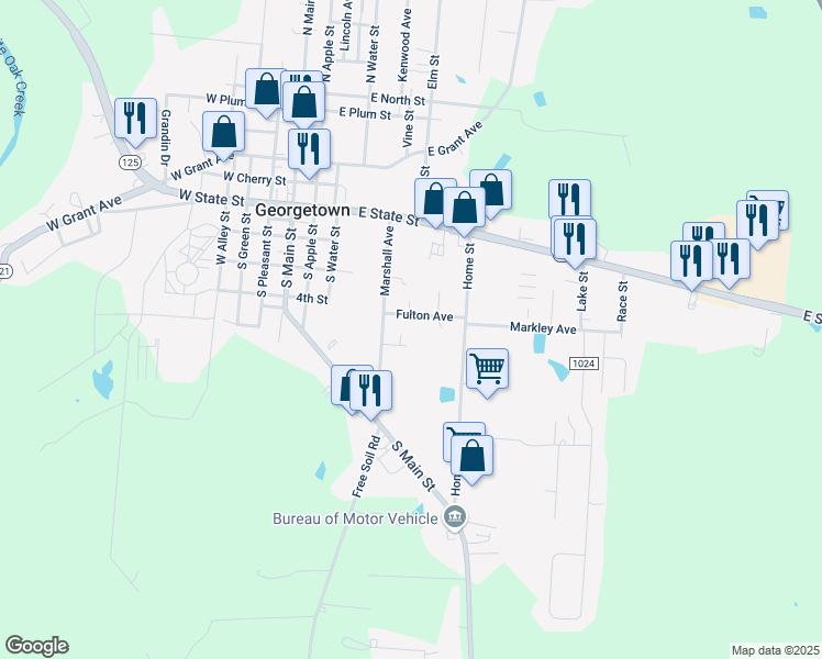 map of restaurants, bars, coffee shops, grocery stores, and more near 401 Marshall Avenue in Georgetown