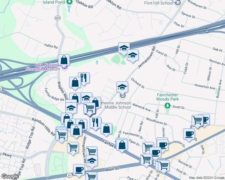 map of restaurants, bars, coffee shops, grocery stores, and more near 11111 Littlebrook Lane in Fairfax
