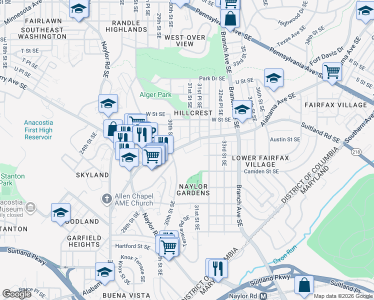 map of restaurants, bars, coffee shops, grocery stores, and more near 3027 Alabama Avenue Southeast in Washington
