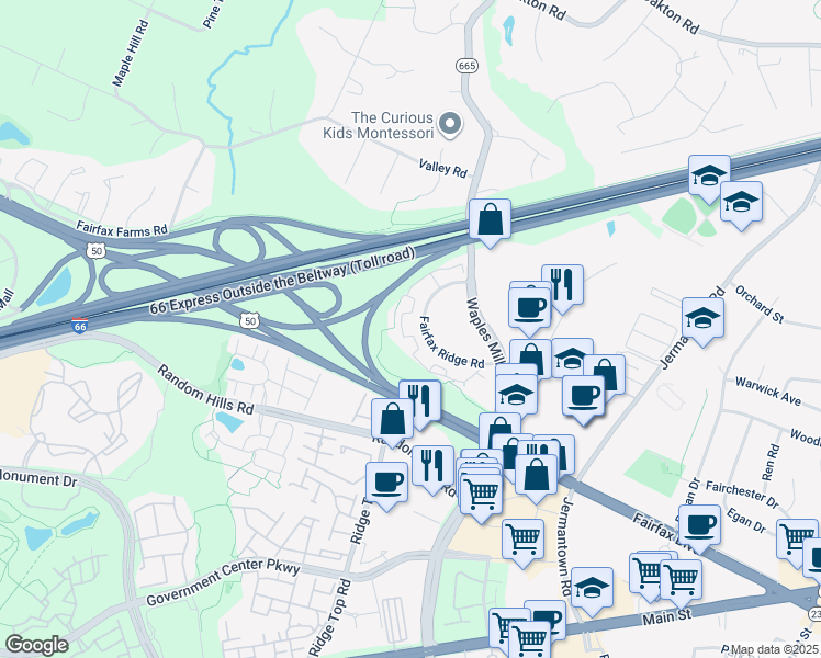 map of restaurants, bars, coffee shops, grocery stores, and more near 11345 Aristotle Drive in Fairfax