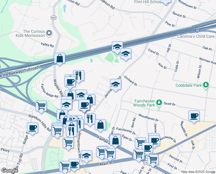 map of restaurants, bars, coffee shops, grocery stores, and more near 11123 Littlebrook Lane in Fairfax