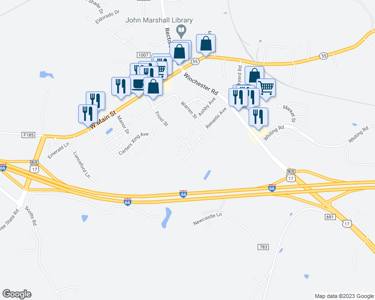 map of restaurants, bars, coffee shops, grocery stores, and more near 8597 Harrison Court in Marshall