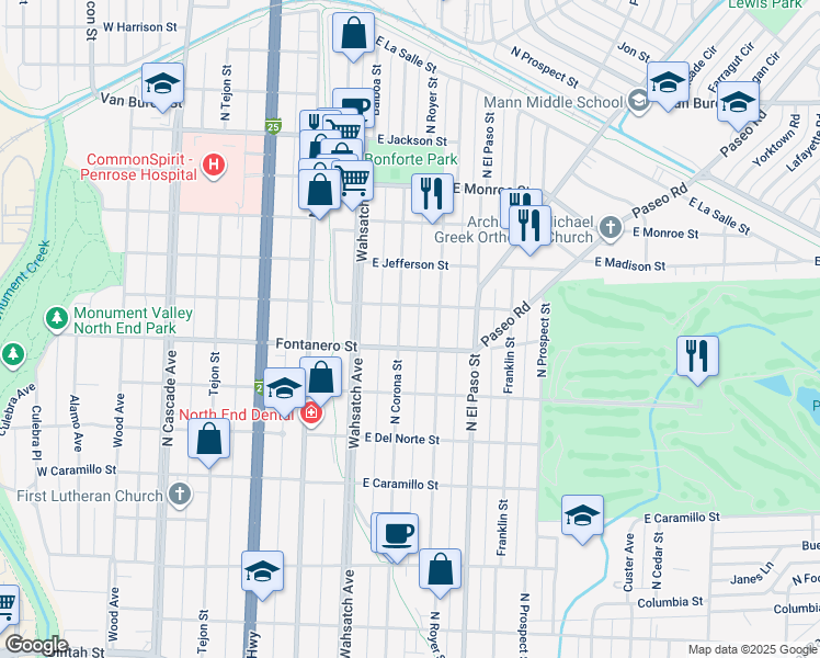 map of restaurants, bars, coffee shops, grocery stores, and more near 516 East Fontanero Street in Colorado Springs