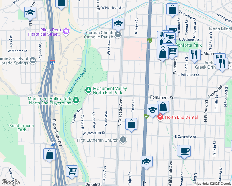 map of restaurants, bars, coffee shops, grocery stores, and more near 1832 North Cascade Avenue in Colorado Springs