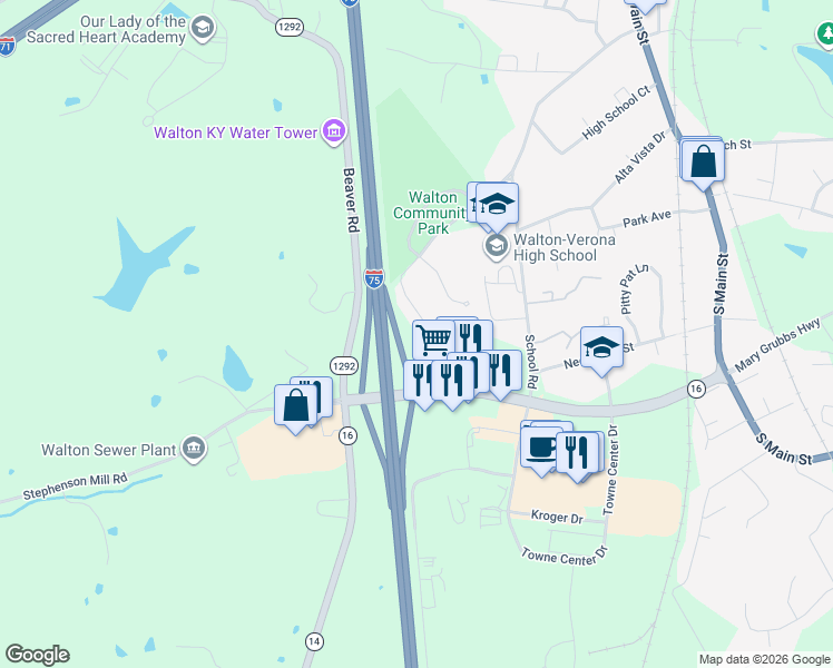 map of restaurants, bars, coffee shops, grocery stores, and more near 81 Old Stephenson Mill Road in Walton