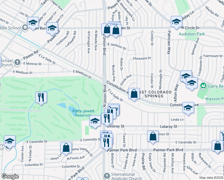 map of restaurants, bars, coffee shops, grocery stores, and more near 1804 East La Salle Street in Colorado Springs