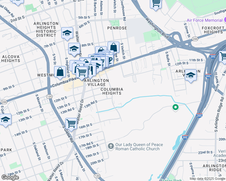 map of restaurants, bars, coffee shops, grocery stores, and more near 1303 South Barton Street in Arlington