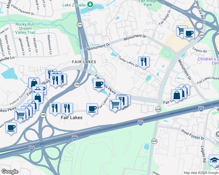 map of restaurants, bars, coffee shops, grocery stores, and more near 12430 Fair Lakes Circle in Fairfax