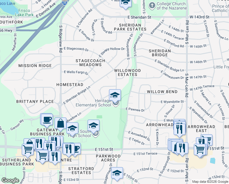 map of restaurants, bars, coffee shops, grocery stores, and more near 1455 East Orleans Drive in Olathe