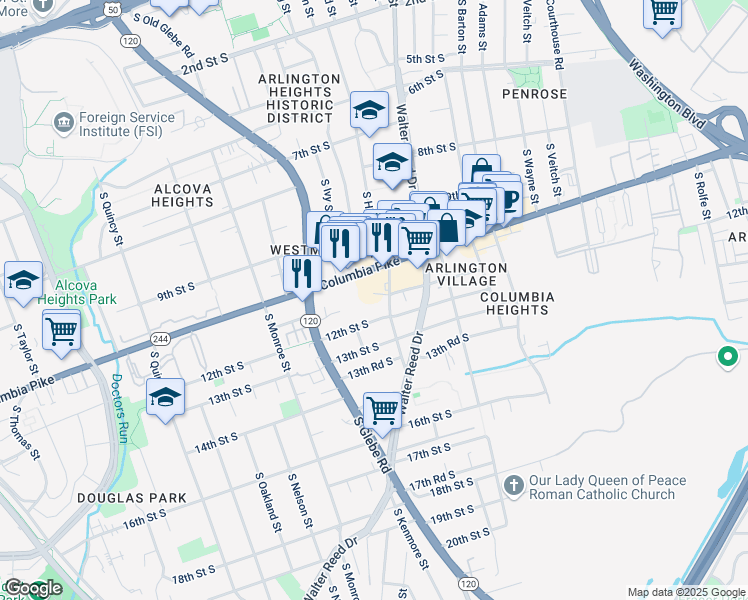 map of restaurants, bars, coffee shops, grocery stores, and more near 1114 South Highland Street in Arlington