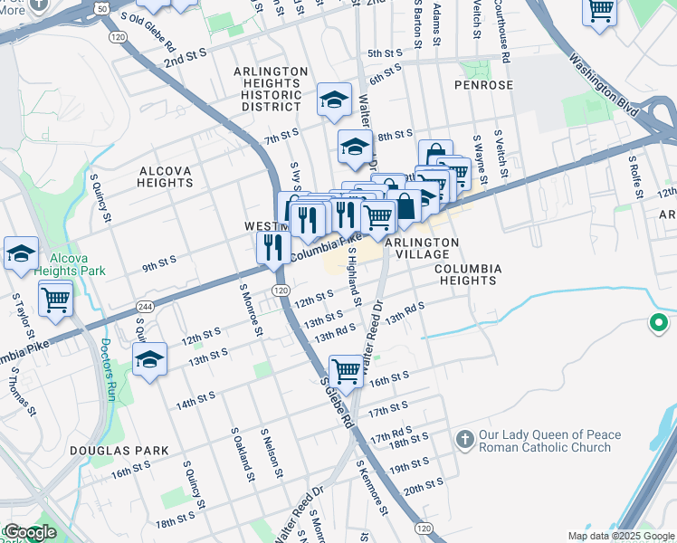 map of restaurants, bars, coffee shops, grocery stores, and more near 1114 South Highland Street in Arlington