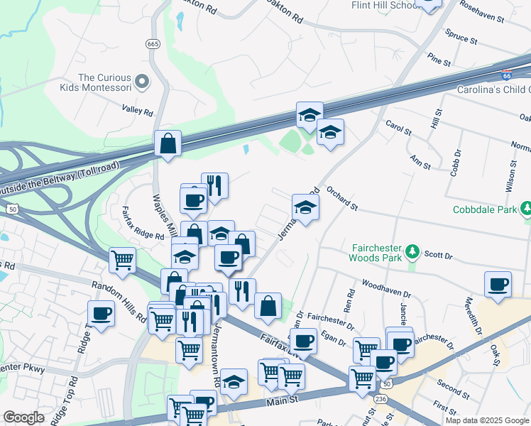 map of restaurants, bars, coffee shops, grocery stores, and more near 11150 Rock Garden Drive in Fairfax