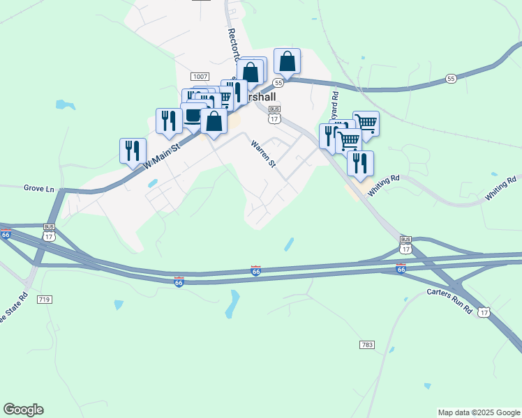 map of restaurants, bars, coffee shops, grocery stores, and more near 8597 Harrison Court in Marshall