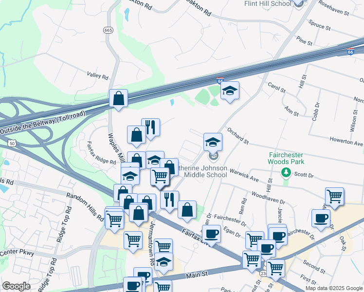 map of restaurants, bars, coffee shops, grocery stores, and more near 11142 Snughaven Lane in Fairfax