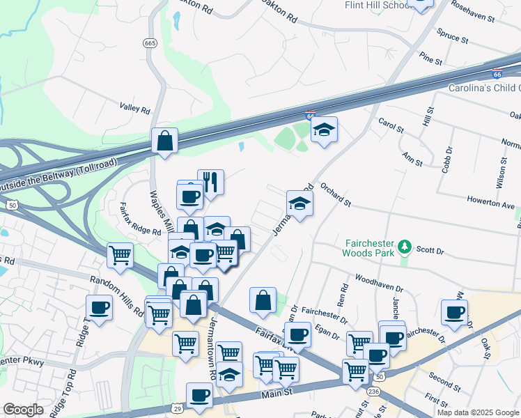 map of restaurants, bars, coffee shops, grocery stores, and more near 11150 Rock Garden Drive in Fairfax
