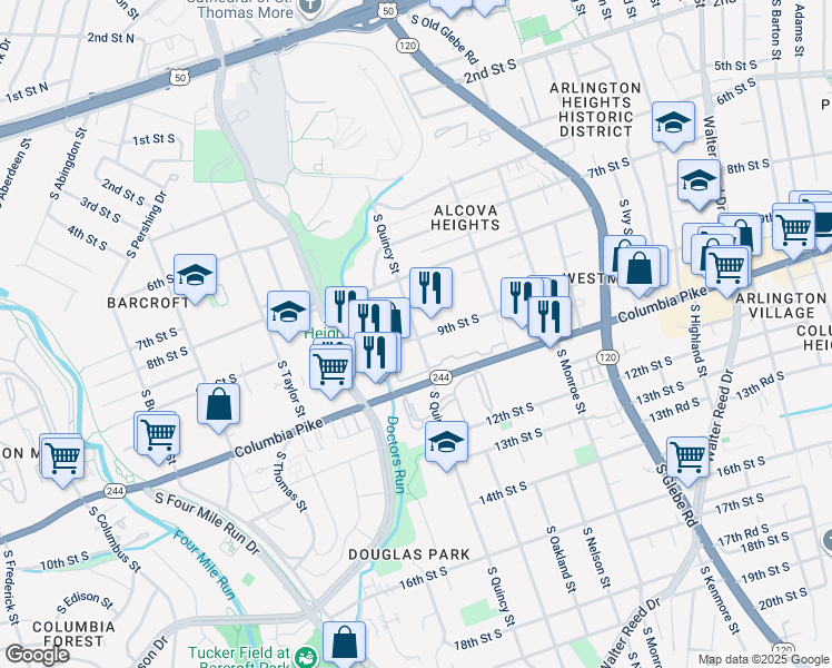 map of restaurants, bars, coffee shops, grocery stores, and more near 888 South Quincy Street in Arlington