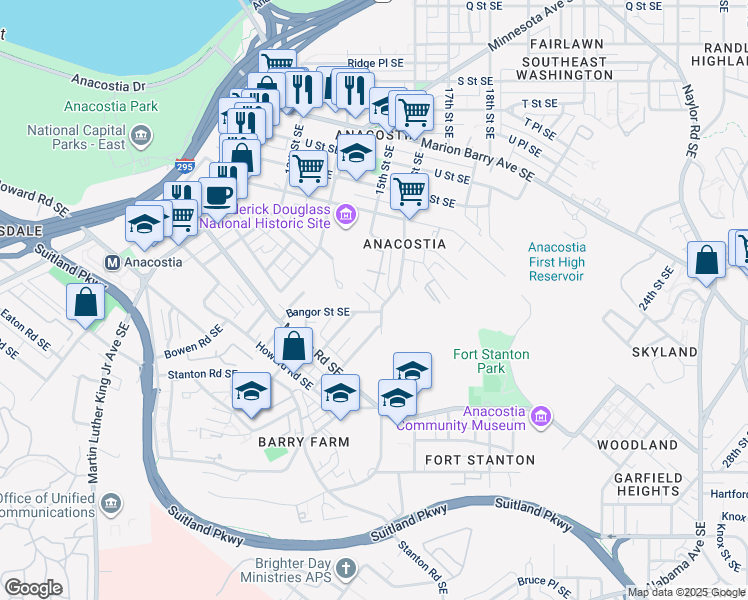 map of restaurants, bars, coffee shops, grocery stores, and more near 1625 Butler Street Southeast in Washington