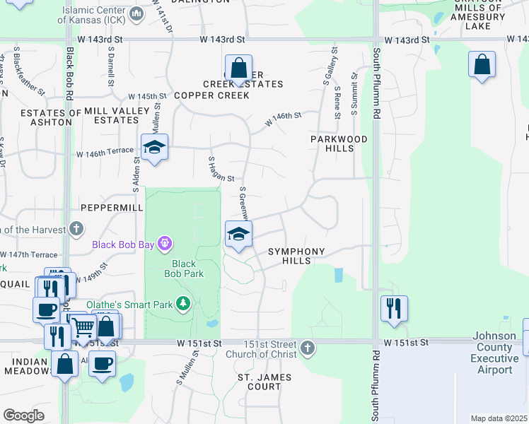 map of restaurants, bars, coffee shops, grocery stores, and more near 14067 West 147th Place in Olathe