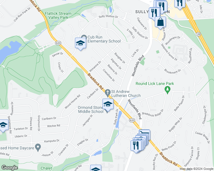 map of restaurants, bars, coffee shops, grocery stores, and more near 14623 Lock Drive in Centreville