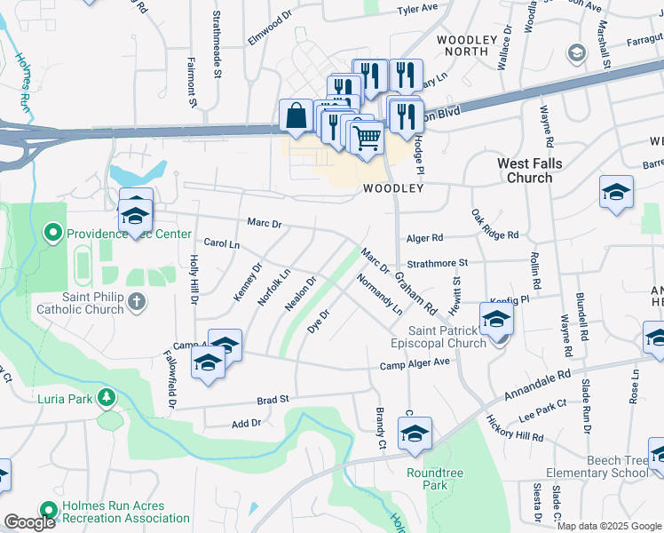 map of restaurants, bars, coffee shops, grocery stores, and more near 3169 Nealon Drive in Falls Church
