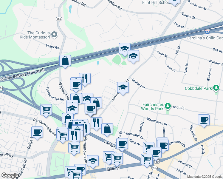 map of restaurants, bars, coffee shops, grocery stores, and more near 11123 Littlebrook Lane in Fairfax