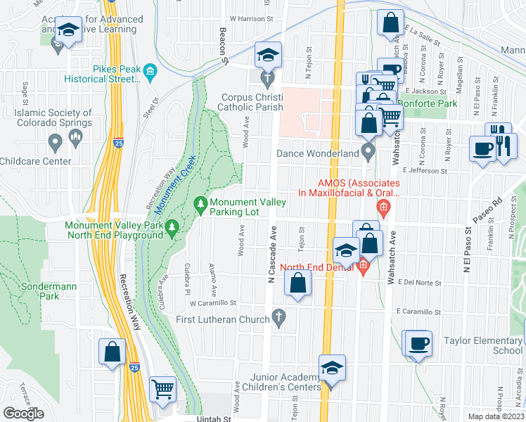 map of restaurants, bars, coffee shops, grocery stores, and more near 1908 North Cascade Avenue in Colorado Springs