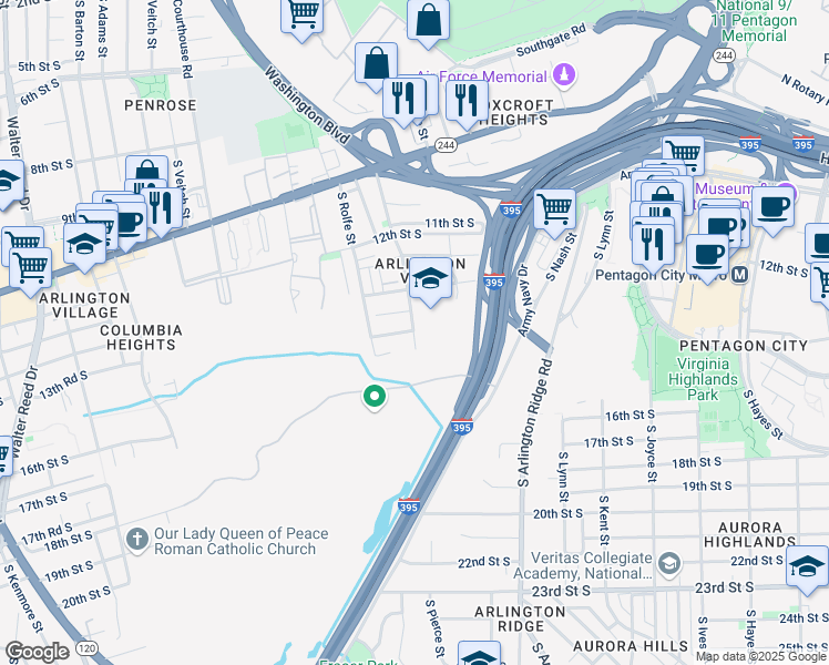 map of restaurants, bars, coffee shops, grocery stores, and more near 1415 South Queen Street in Arlington