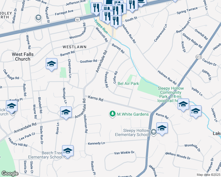 map of restaurants, bars, coffee shops, grocery stores, and more near 3205 Dashiell Road in Falls Church