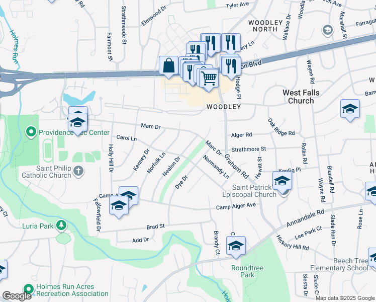 map of restaurants, bars, coffee shops, grocery stores, and more near 3169 Nealon Drive in Falls Church