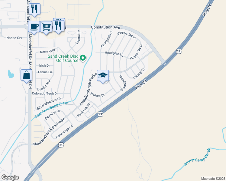 map of restaurants, bars, coffee shops, grocery stores, and more near 8357 Hames Drive in Colorado Springs