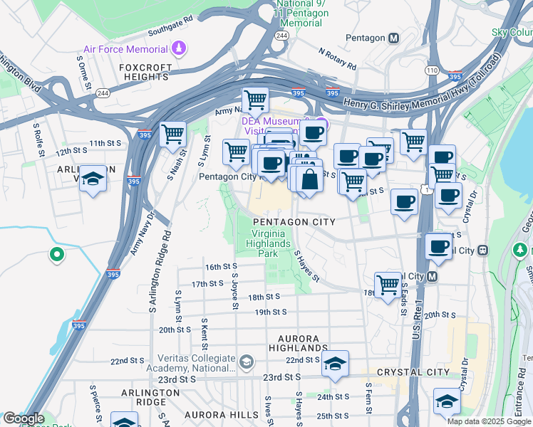 map of restaurants, bars, coffee shops, grocery stores, and more near 901 15th Street South in Arlington