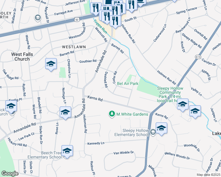 map of restaurants, bars, coffee shops, grocery stores, and more near 3205 Dashiell Road in Falls Church